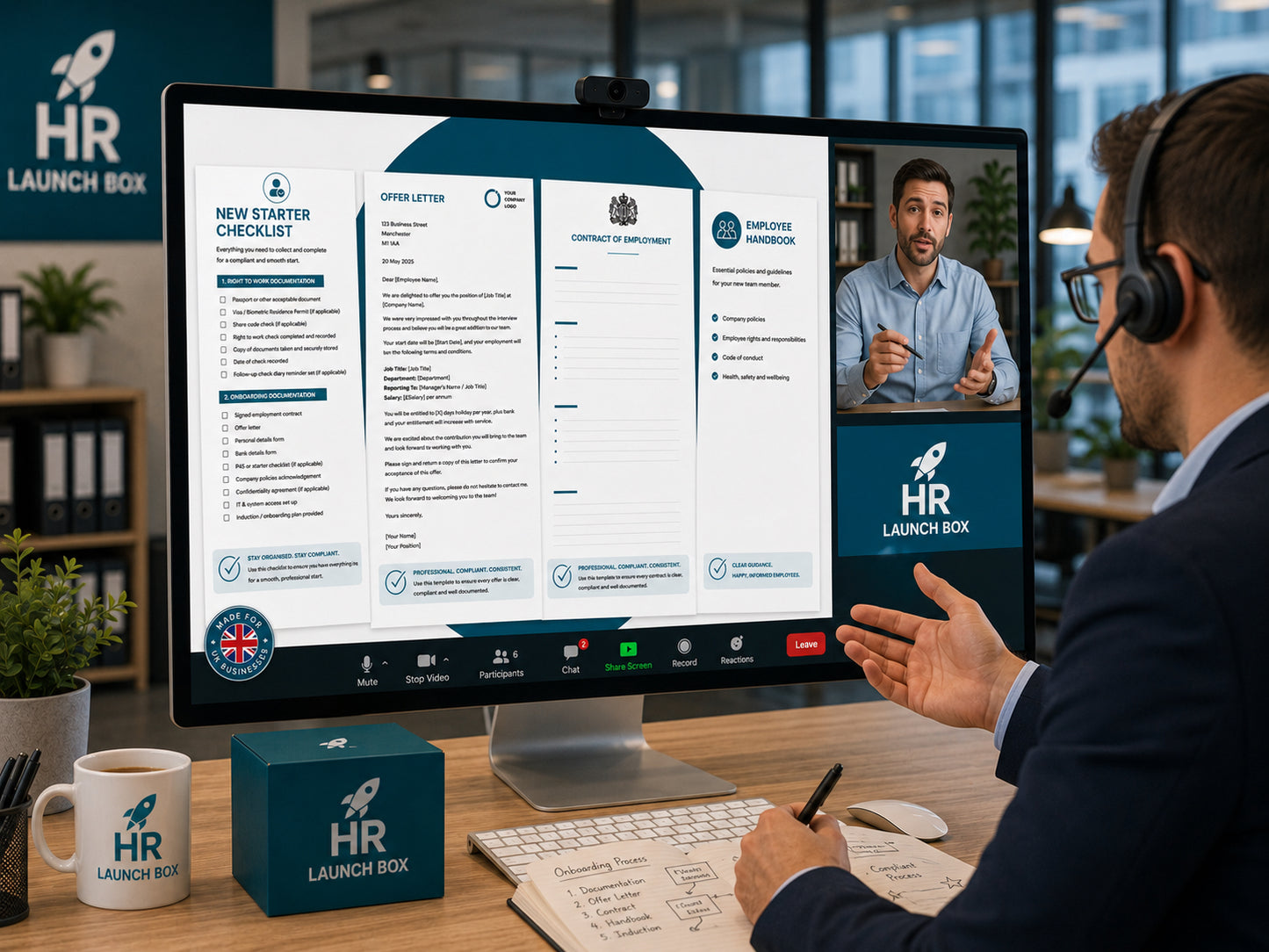 Person in a video call with HR Launch Box on a computer screen, sitting at a desk — HR Launch Box Premium Starter Pack Plus