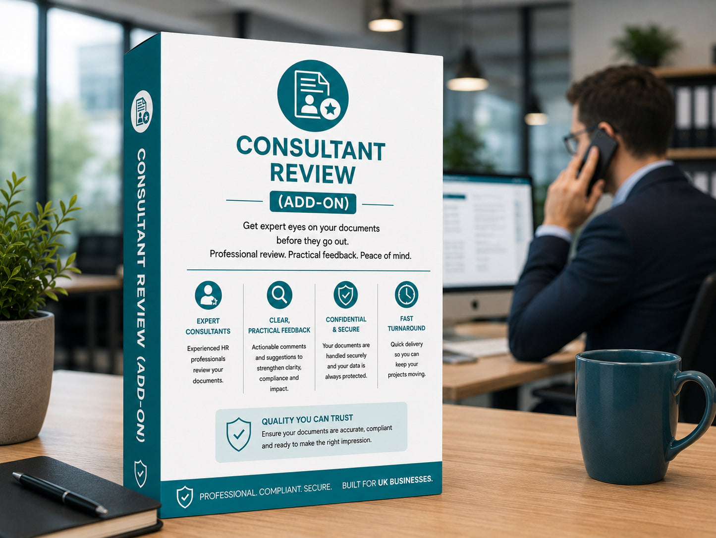 HR Launch Box Addon details for 'Consultant Review' with mock box on on a desk with a cup and plant in an office