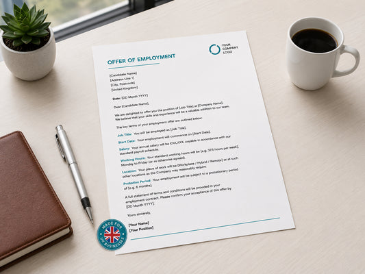 Offer of employment document on a desk with a pen, coffee, and plant — HR Launch Box