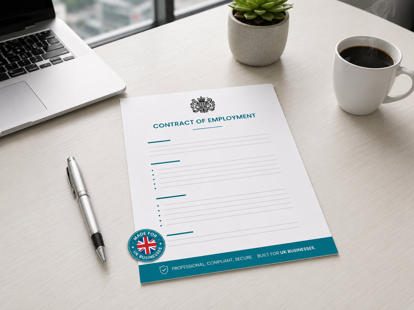 Contract of Employment document on a desk with a laptop, pen, and coffee cup — HR Launch Box