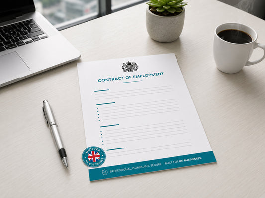 Contract of Employment document on a desk with a laptop, pen, and coffee cup — HR Launch Box