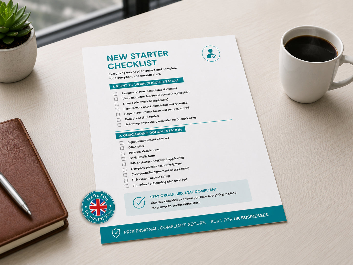 New starter checklist on a desk with a coffee cup and plant — HR Launch Box