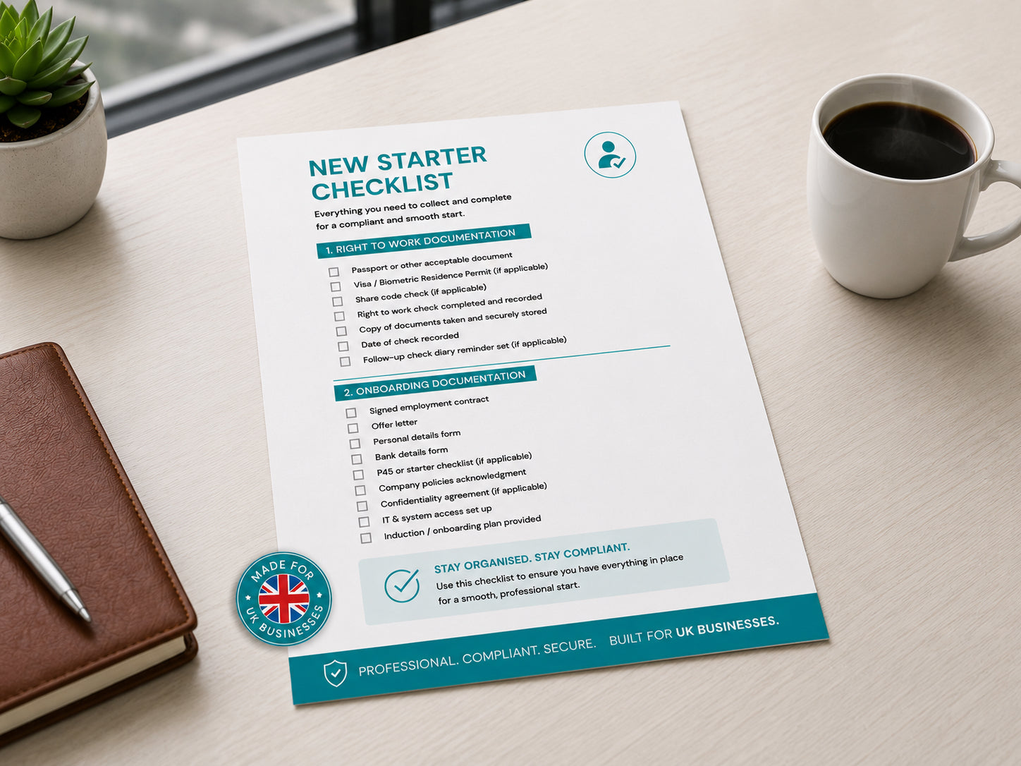 New starter checklist on a desk with a coffee cup and plant — HR Launch Box