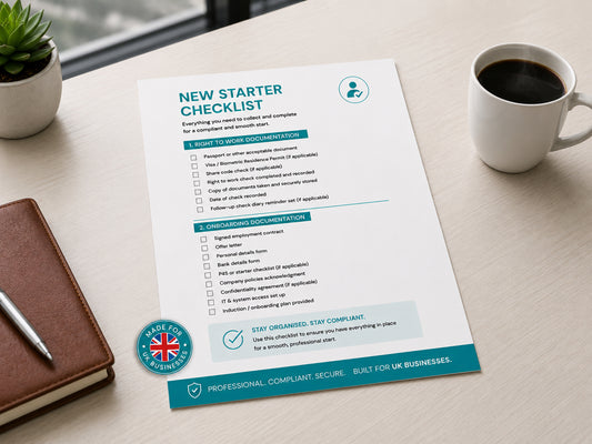 New starter checklist on a desk with a coffee cup and plant — HR Launch Box