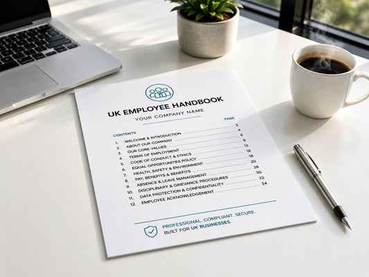 UK Employee Handbook on a desk with a laptop, coffee, and plant — HR Launch Box