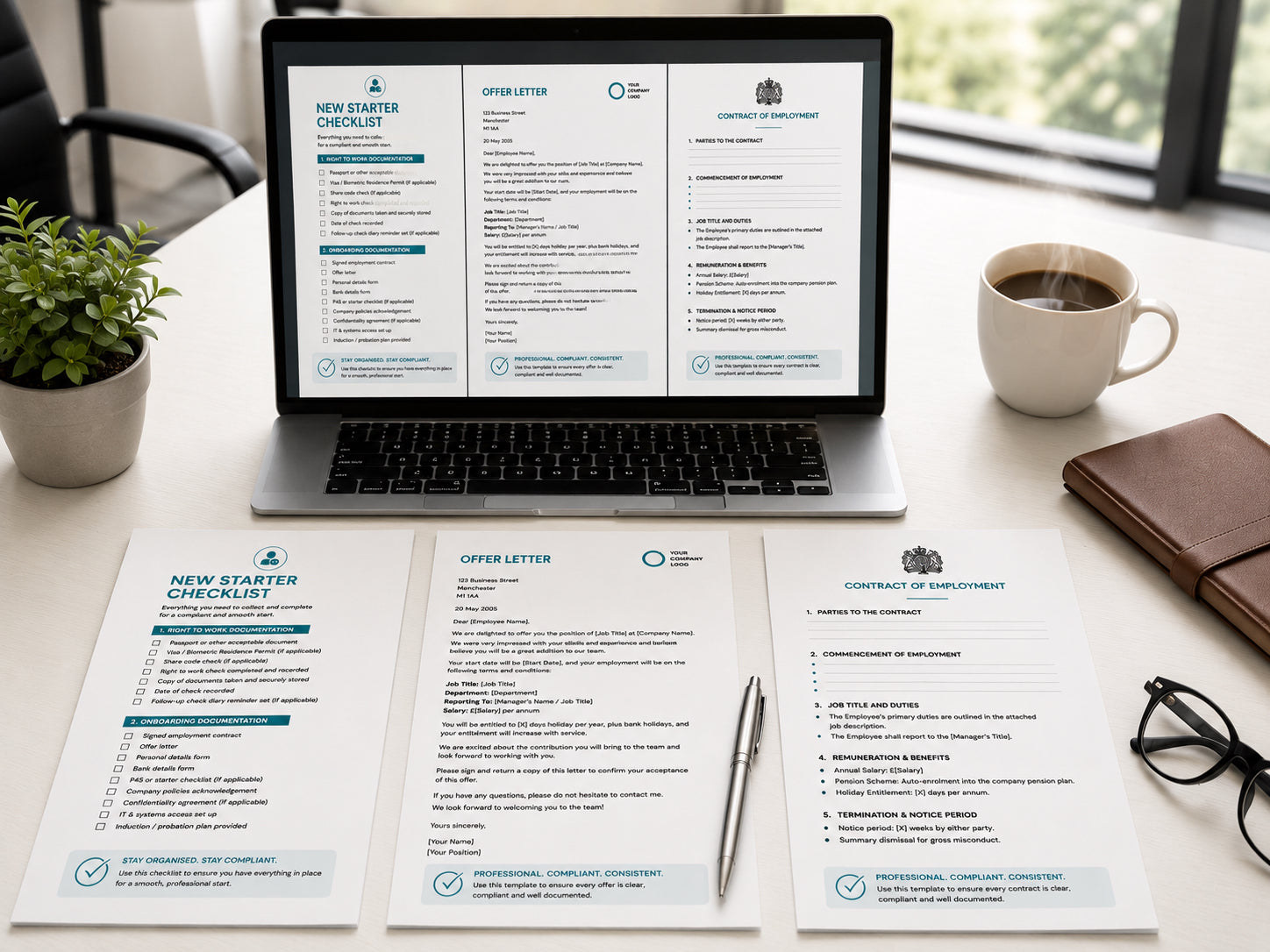 Laptop displaying HR Launch Box employment documents on a desk with printed copies and a coffee cup