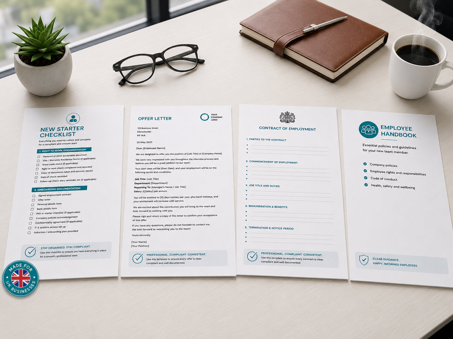 Set of HR Launch Box employee handbooks and checklists on a desk with a plant and coffee cup.