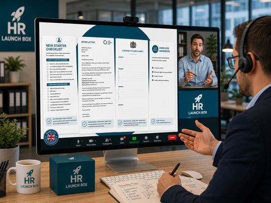 Person in a video call with HR Launch Box on a computer screen, sitting at a desk — HR Launch Box Premium Starter Pack Plus