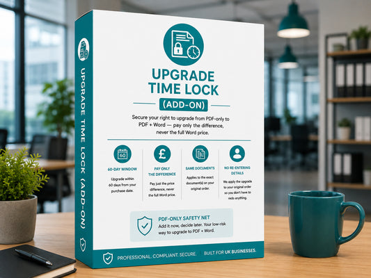 HR Launch Box Add on details for 'Upgrade Time Lock' with mock box on on a desk with a cup and plant in an office setting