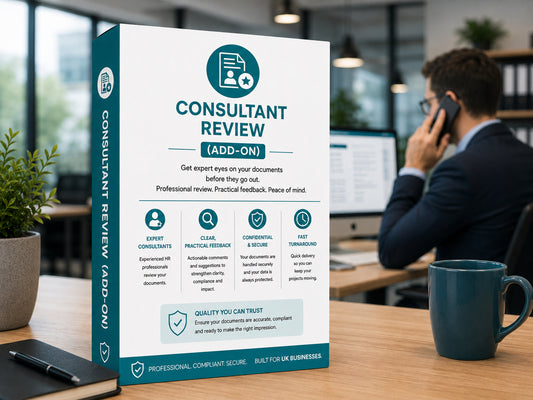 HR Launch Box Addon details for 'Consultant Review' with mock box on on a desk with a cup and plant in an office