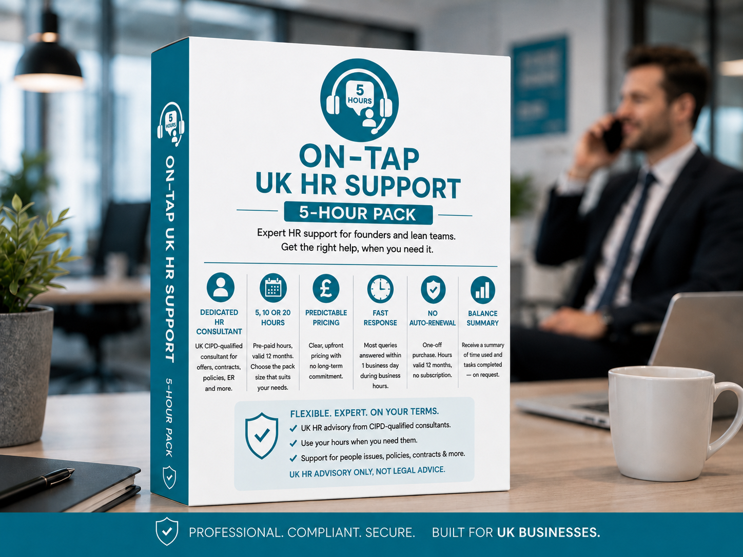 On-Tap UK HR Support service shown with a blurred office background and an HR Launch Box UK CIPD consultant speaking to client