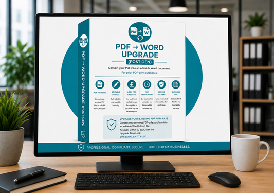 Computer monitor displaying a PDF to Word upgrade service on a desk with office items - HR Launch Box