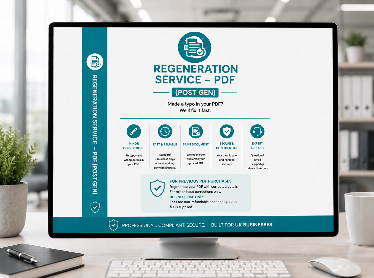 Computer screen displaying a HR Launch Box Regeneration Service PDF product page on a desk with office items.