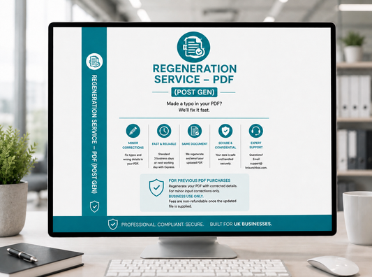 Computer screen displaying a HR Launch Box Regeneration Service PDF product page on a desk with office items.