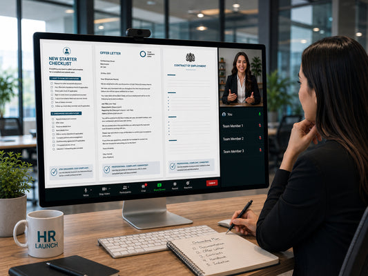 UK CIPD consultant in an online meeting reviewing UK hiring documents with computer screen displaying an HR software interface — HR Launch Box Premium Starter Pack