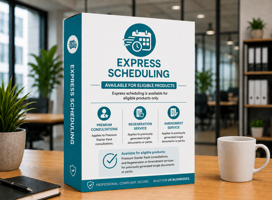 HR Launch Box Add on details for 'Express Scheduling' with mock box on on a desk with a cup and plant in an office