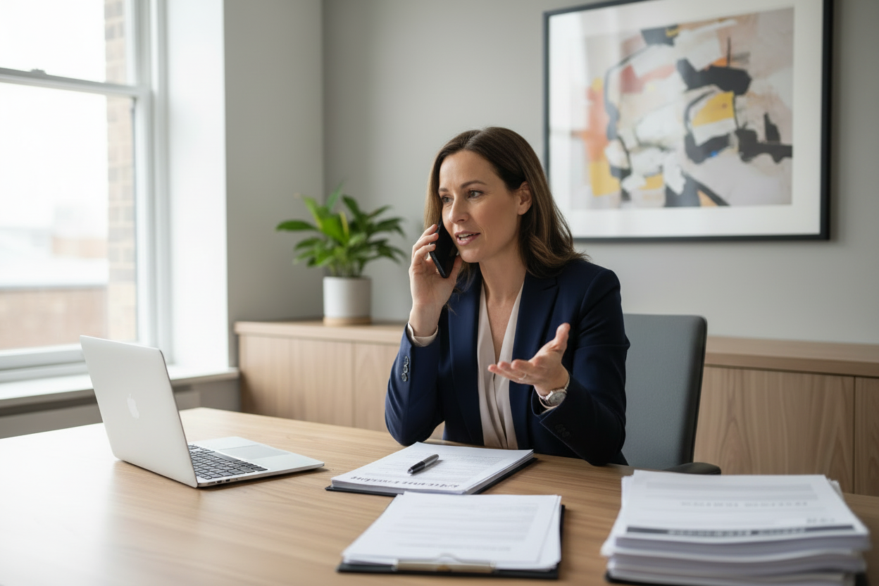 On-Tap UK HR Support service shown with a blurred office background and an HR Launch Box UK CIPD consultant speaking to client