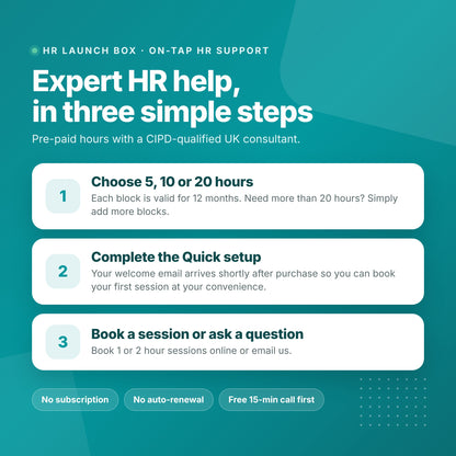 On-Tap HR Support in three steps: choose 5, 10 or 20 hours valid for 12 months, complete the Quick setup and receive your welcome email, then book a 1 or 2 hour session online or email a question.